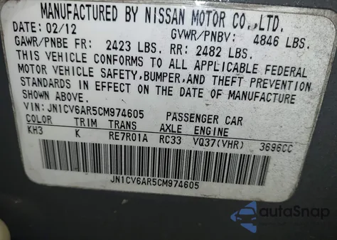 2012 Infiniti G37X from USA, damaged, VIN JN1CV6AR5CM974605